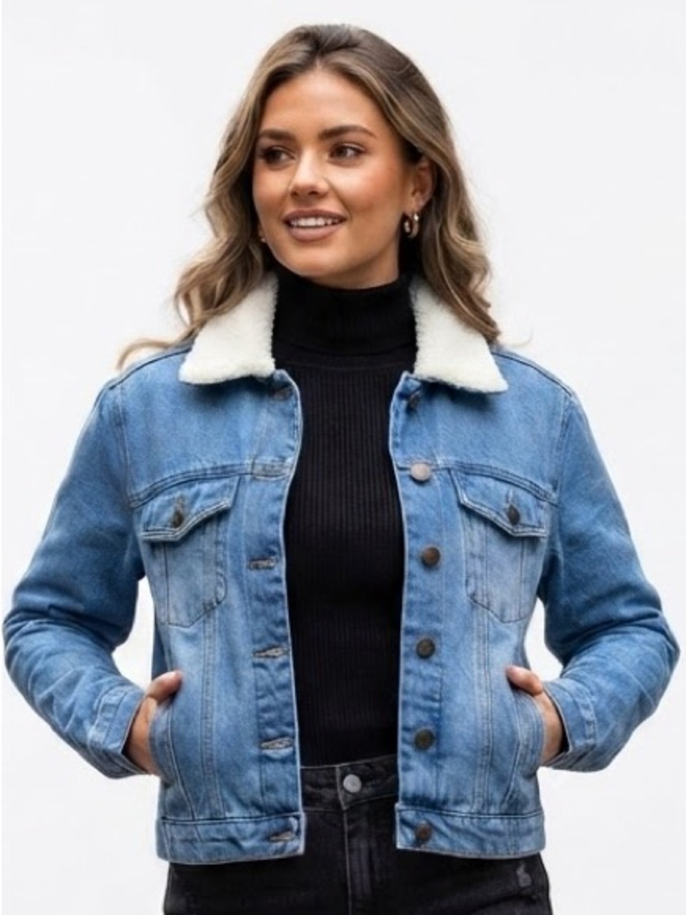 JMojo Women’s Blue Denim Sherpa removable Collar Crop Trucker Jacket Size 18